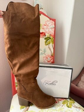 Brown Over Knee Boots Chunky Heel Suede Like  Thigh High Riding Fall 7.5